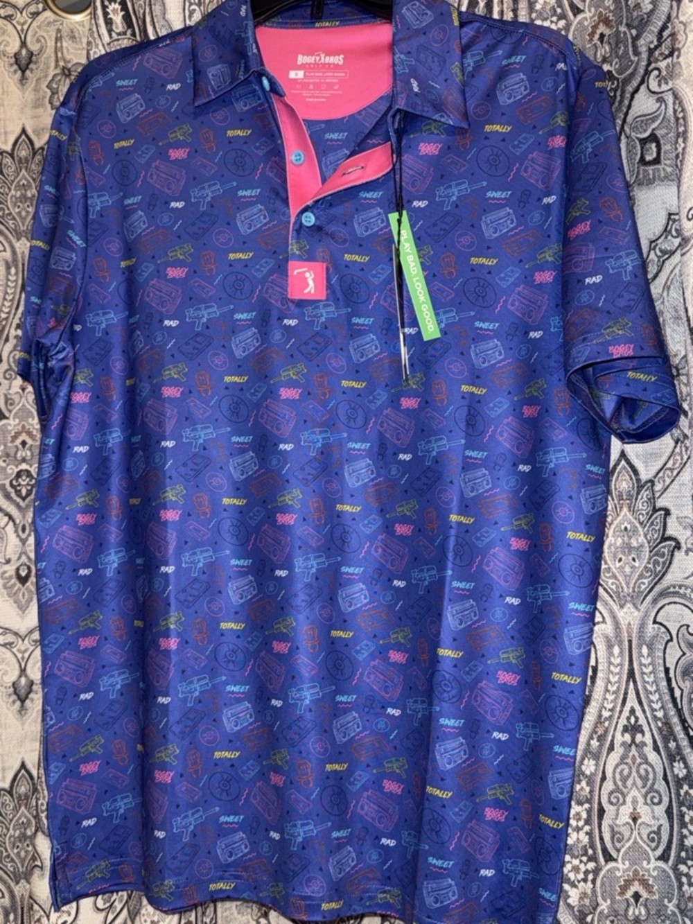 Bugle Boys Men’s Blue Graphic Polo with Pink Contrast Trim